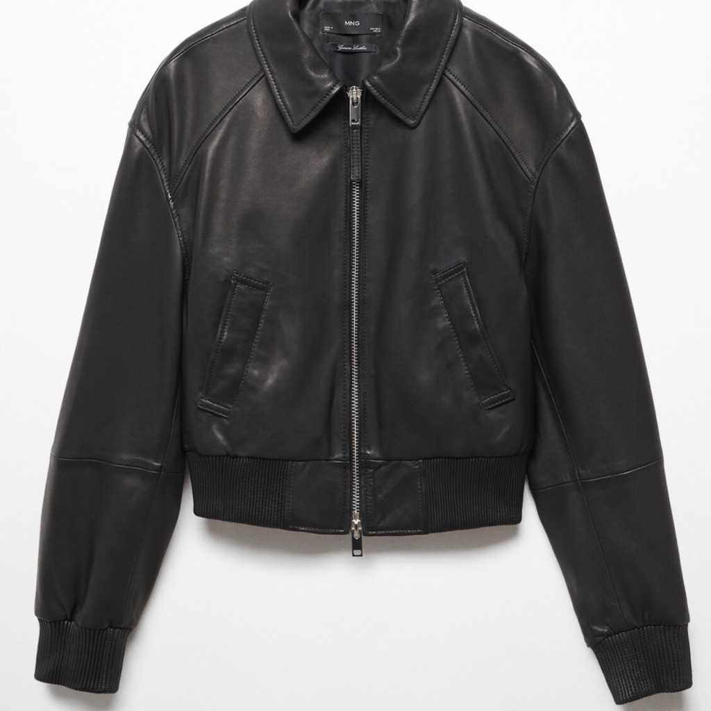 Mango Black Leather Bomber Jacket With Zip Front